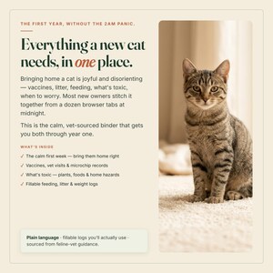 May include: A rectangular informational graphic featuring a brown tabby cat sitting on a carpet. The text reads: The first year, without the 2am panic. Everything a new cat needs, in one place. Bringing home a cat is joyful and disorienting.