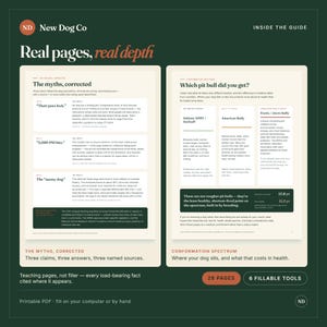 May include: A digital guide titled New Dog Co featuring two pages of text. The left page addresses myths about dog jaws and bites. The right page outlines a conformation spectrum for pit bull types with health data and a 12.8-year lifespan note.