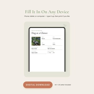 May include: A digital dog sitter briefing form displayed on a tablet screen. The document is titled Dog at a Glance and includes fields for name, breed, age, weight, color, microchip number, and date of birth, with a photo of a dog.