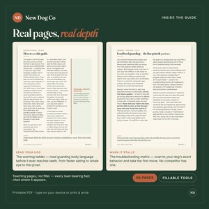 May include: A digital guide titled New Dog Co: Real pages, real depth. The document features two pages of text with headings How to use this guide and Food bowl guarding, alongside sections titled Read your dog and When it stalls, plus 56 pages.