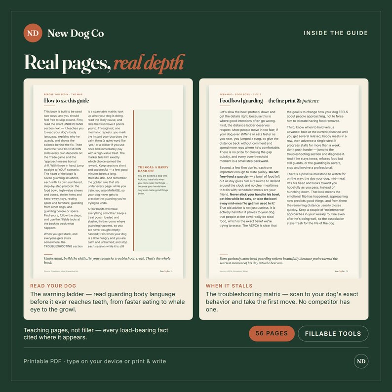 May include: A digital guide titled New Dog Co: Real pages, real depth. The document features two pages of text with headings How to use this guide and Food bowl guarding, alongside sections titled Read your dog and When it stalls, plus 56 pages.