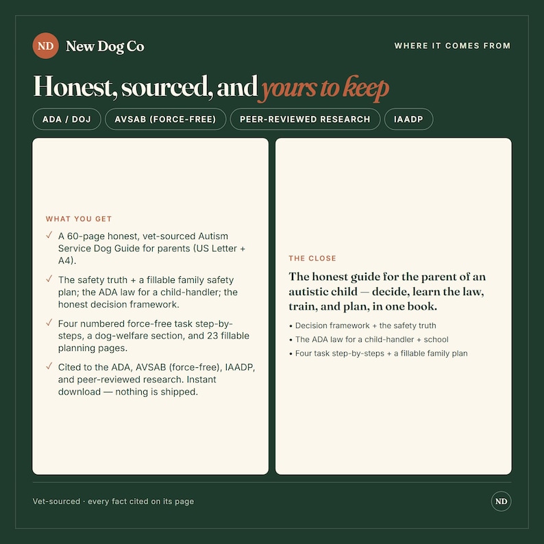 May include: A dark green informational graphic titled New Dog Co Honest, sourced, and yours to keep. It outlines a 60-page Autism Service Dog Guide for parents, including a family safety plan, ADA law details, and a decision framework for dog training.