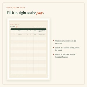 Puede incluir: Una plantilla de registro de sesi&oacute;n digital con fondo crema y texto verde oscuro. El formulario incluye columnas para fecha, lugar, repeticiones y notas. El texto dice: LOG IT, SEE IT STICK, Fill it in, right on the page, y Session log.