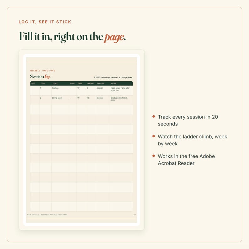 Puede incluir: Una plantilla de registro de sesi&oacute;n digital con fondo crema y texto verde oscuro. El formulario incluye columnas para fecha, lugar, repeticiones y notas. El texto dice: LOG IT, SEE IT STICK, Fill it in, right on the page, y Session log.