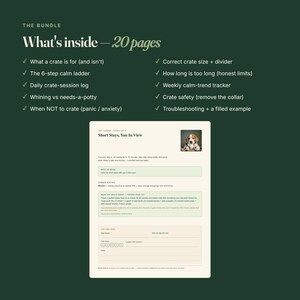 May include: A 20-page digital guide titled The Bundle: What's inside, featuring a list of dog crate training topics. Below, a sample page titled Short Stays, You In View displays a photo of a beagle, instructional text, and a daily log section.