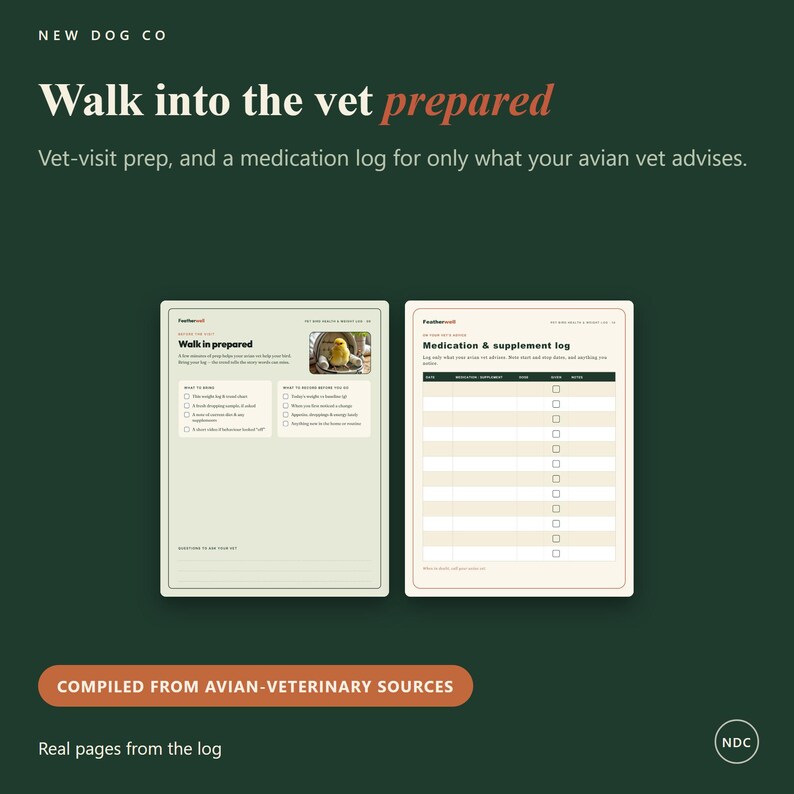 Puede incluir: Dos p&aacute;ginas de un diario de salud aviar sobre un fondo verde oscuro. La p&aacute;gina izquierda presenta una lista de verificaci&oacute;n titulada Walk in prepared con una foto de un ave. La p&aacute;gina derecha muestra un Medication & supplement log con columnas.