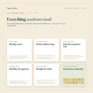 May include: A beige informational graphic titled NewDogCo Senior Dog Quality of Life featuring six tracking pages: Weekly score, Daily wellness log, Pain & symptom log, Mobility & appetite, Weight & vitals, and a Good-days calendar with colored squares.