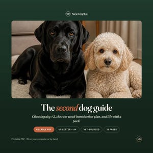 以下が含まれることがあります： 「The second dog guide」というタイトルのデジタルガイド。黒いラブラドールとクリーム色の巻き毛の犬が写っている。テキストには、New Dog Co、Choosing dog #2, the two-week introduction plan, and life with a pack、Fillable PDF、US Letter + A4、Vet-sourced、18 pages、Printable PDFが含まれている。