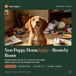 May include: A digital document titled New Puppy Home Safety&mdash;Room by Room by New Dog Co. The cover features a light brown puppy sitting in a cluttered room. Text includes Printable, Fillable, Vet-Sourced, Deadliest First, US Letter + A4, and 30 Pages.