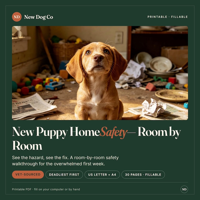 May include: A digital document titled New Puppy Home Safety&mdash;Room by Room by New Dog Co. The cover features a light brown puppy sitting in a cluttered room. Text includes Printable, Fillable, Vet-Sourced, Deadliest First, US Letter + A4, and 30 Pages.