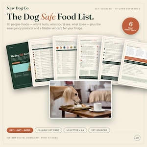 May include: A six-page digital chart pack titled The Dog Safe Food List by New Dog Co. The pages feature lists of 60 human foods, emergency protocols, and a fillable vet card. An inset photo shows a tan dog near a table with food and a cup.
