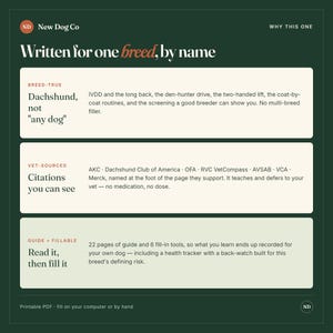 May include: A dark green informational graphic titled Written for one breed, by name. It features three sections: Breed-True, Vet-Sourced, and Guide + Fillable, detailing a Dachshund guide with 22 pages and 6 fill-in tools for health tracking.