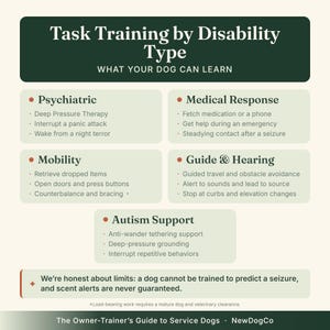 K&ouml;nnte beinhalten: Eine Informationstafel mit dem Titel Task Training by Disability Type: What Your Dog Can Learn. Sie listet Aufgaben f&uuml;r Assistenzhunde in den Bereichen Psychiatrie, medizinische Notf&auml;lle, Mobilit&auml;t, F&uuml;hrung und Autismus-Unterst&uuml;tzung auf.