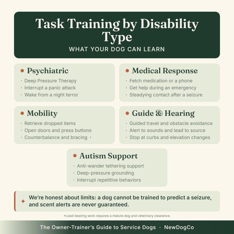 K&ouml;nnte beinhalten: Eine Informationstafel mit dem Titel Task Training by Disability Type: What Your Dog Can Learn. Sie listet Aufgaben f&uuml;r Assistenzhunde in den Bereichen Psychiatrie, medizinische Notf&auml;lle, Mobilit&auml;t, F&uuml;hrung und Autismus-Unterst&uuml;tzung auf.