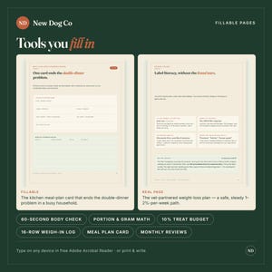 K&ouml;nnte beinhalten: Zwei digitale, ausf&uuml;llbare Seiten von New Dog Co. mit dem Titel Tools you fill in. Die linke Seite ist eine Essensplan- und Fortschrittskarte. Die rechte Seite bietet Anleitungen zur Etikettenkunde. Enth&auml;lt einen 60-Sekunden-K&ouml;rpercheck.