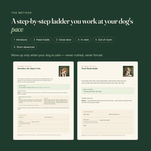 May include: A dark green informational guide titled The Method: A step-by-step ladder you work at your dog's pace. It features six numbered steps, instructional text, and two pages detailing how to introduce a crate and feed meals inside.
