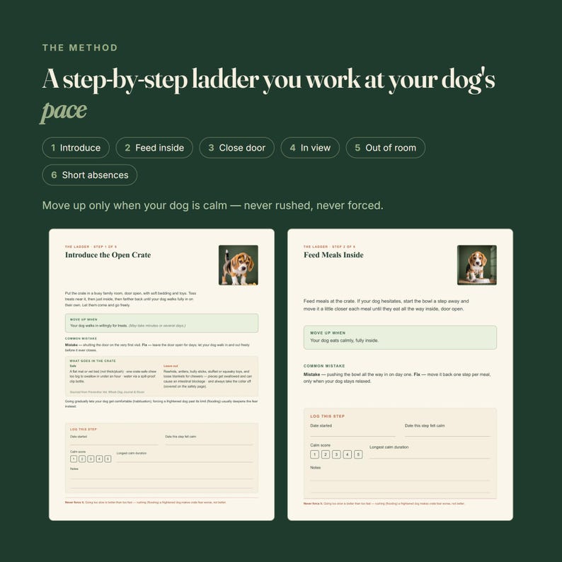 May include: A dark green informational guide titled The Method: A step-by-step ladder you work at your dog's pace. It features six numbered steps, instructional text, and two pages detailing how to introduce a crate and feed meals inside.