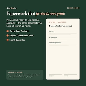 May include: A dark green digital graphic titled Paperwork that protects everyone from NewDogCo. It lists professional breeder contracts including Puppy Sales Contract, Deposit / Reservation Form, and Health Guarantee. A sample contract page is shown.