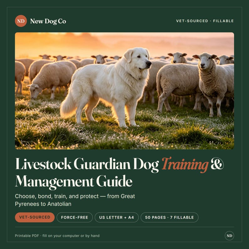 K&ouml;nnte beinhalten: Ein digitaler Leitfaden mit dem Titel Livestock Guardian Dog Training & Management Guide, der einen wei&szlig;en Hund auf einer Weide mit einer Schafherde bei Sonnenuntergang zeigt. Das Dokument enth&auml;lt Text &uuml;ber Auswahl, Training und Schutz.