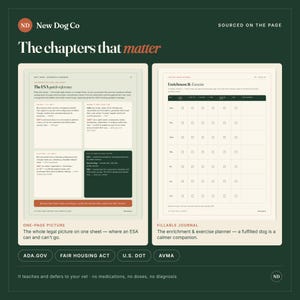 Peut inclure: Deux pages d'un guide New Dog Co sur un fond vert fonc&eacute;. La page de gauche est une fiche de r&eacute;f&eacute;rence rapide ESA avec des informations juridiques. La page de droite est un journal de suivi remplissable pour l'enrichissement et l'exercice.