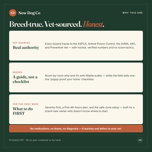 May include: A dark green informational graphic from New Dog Co titled Breed-true. Vet-sourced. Honest. It outlines three sections: Vet-sourced Real authority, Deeper A guide, not a checklist, and For the first week What to do FIRST, ending with a note.