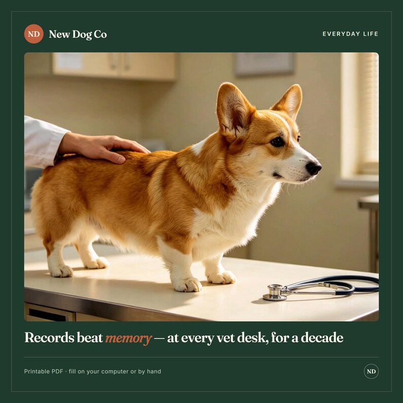 May include: A tan and white Corgi stands on a veterinary examination table next to a stethoscope. The text reads: New Dog Co, EVERYDAY LIFE, Records beat memory &mdash; at every vet desk, for a decade, Printable PDF - fill on your computer or by hand.