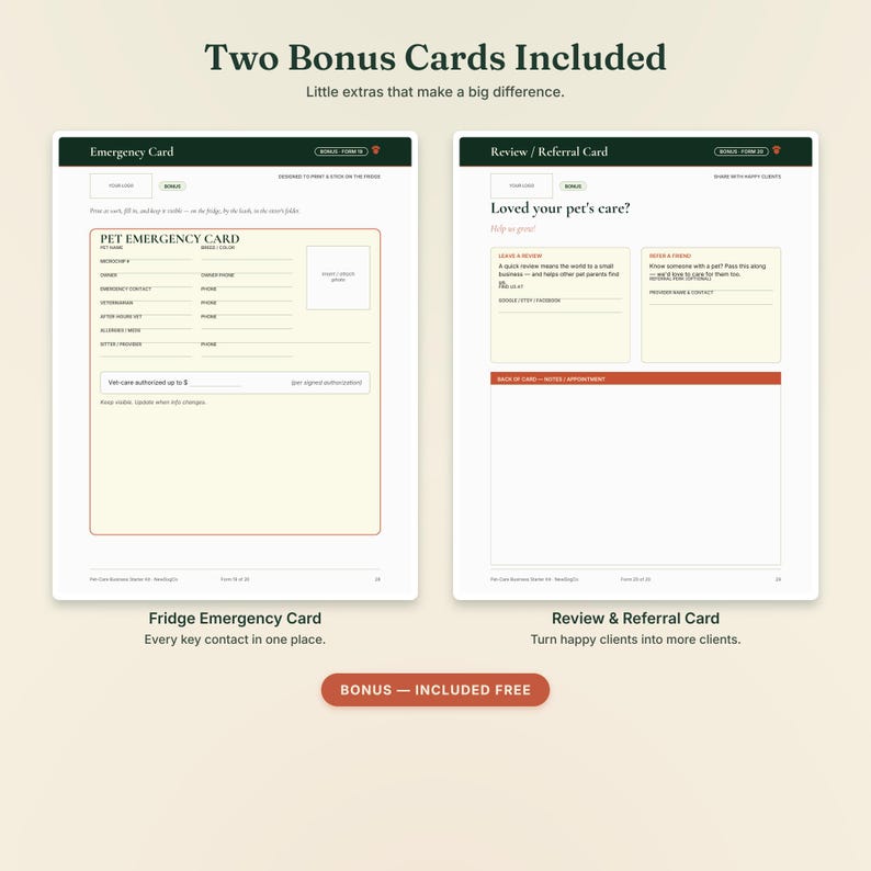 May include: Two printable cards titled Emergency Card and Review / Referral Card. The Emergency Card includes fields for pet details and contact information. The Review / Referral Card features sections for client feedback and friend referrals with a notes area.