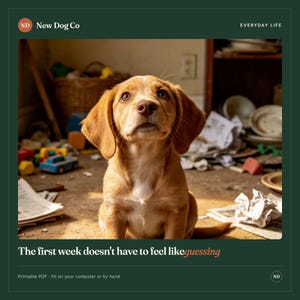May include: A golden-brown puppy with floppy ears sits in a room with scattered papers and toys. The text at the top reads New Dog Co and EVERYDAY LIFE. The bottom text reads The first week doesn't have to feel like guessing and Printable PDF.