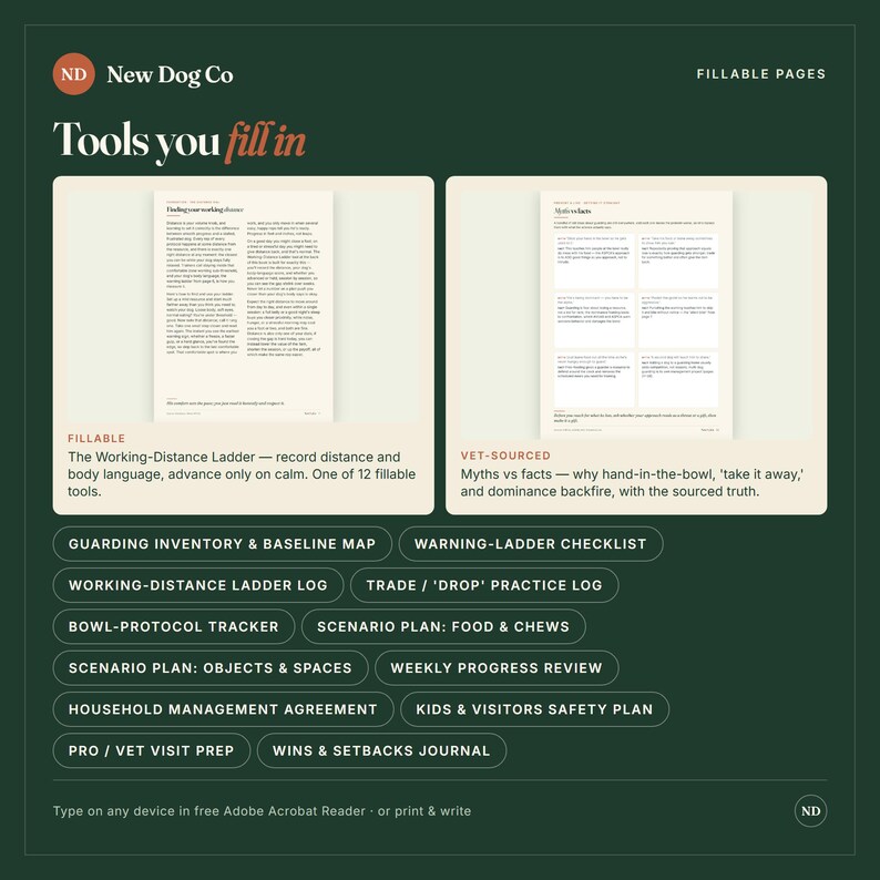 May include: A digital product set from New Dog Co titled Tools you fill in, featuring two fillable pages: The Working-Distance Ladder and Myths vs facts. Includes a list of 12 tools like Guarding Inventory, Bowl-Protocol Tracker, and a Wins & Setbacks Journal.
