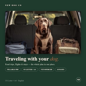 May include: A digital document titled Traveling with your dog featuring a brown Labrador wearing a tan harness sitting in a car trunk between two bags. The text includes New Dog Co, Fillable PDF, US Letter + A4, Vet-Sourced, and 18 Pages.