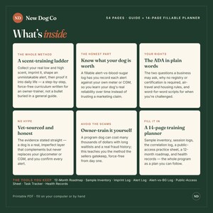 Puede incluir: Un gr&aacute;fico informativo verde oscuro titulado New Dog Co What's inside, que presenta una gu&iacute;a de 54 p&aacute;ginas y un planificador rellenable de 14 p&aacute;ginas. Contiene seis recuadros blancos que detallan el entrenamiento, derechos ADA y registros.