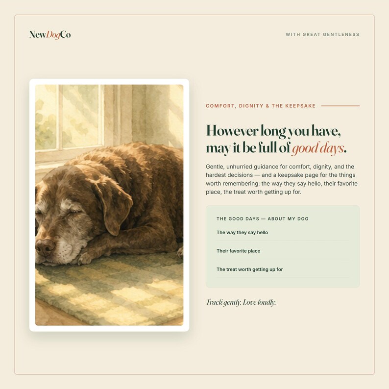 May include: A keepsake journal page titled NewDogCo with the text: However long you have, may it be full of good days. It features a watercolor illustration of a brown dog sleeping on a rug by a window, with prompts for recording memories.
