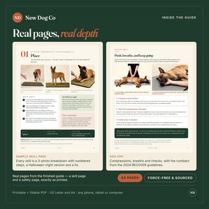 May include: A digital guide titled New Dog Co featuring two pages with text and photographs. The left page shows a dog training skill with numbered steps. The right page illustrates dog CPR techniques with clear instructions and photos.