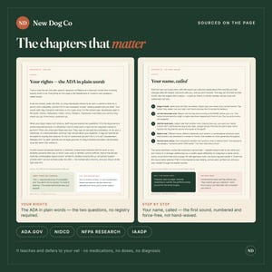 Pode incluir: Um gr&aacute;fico informativo verde-escuro intitulado New Dog Co The chapters that matter, exibindo duas p&aacute;ginas de livro. A p&aacute;gina esquerda cobre direitos ADA, e a direita detalha passos de treino. Bot&otilde;es: ADA.GOV, NIDCD, NFPA RESEARCH e IAADP.