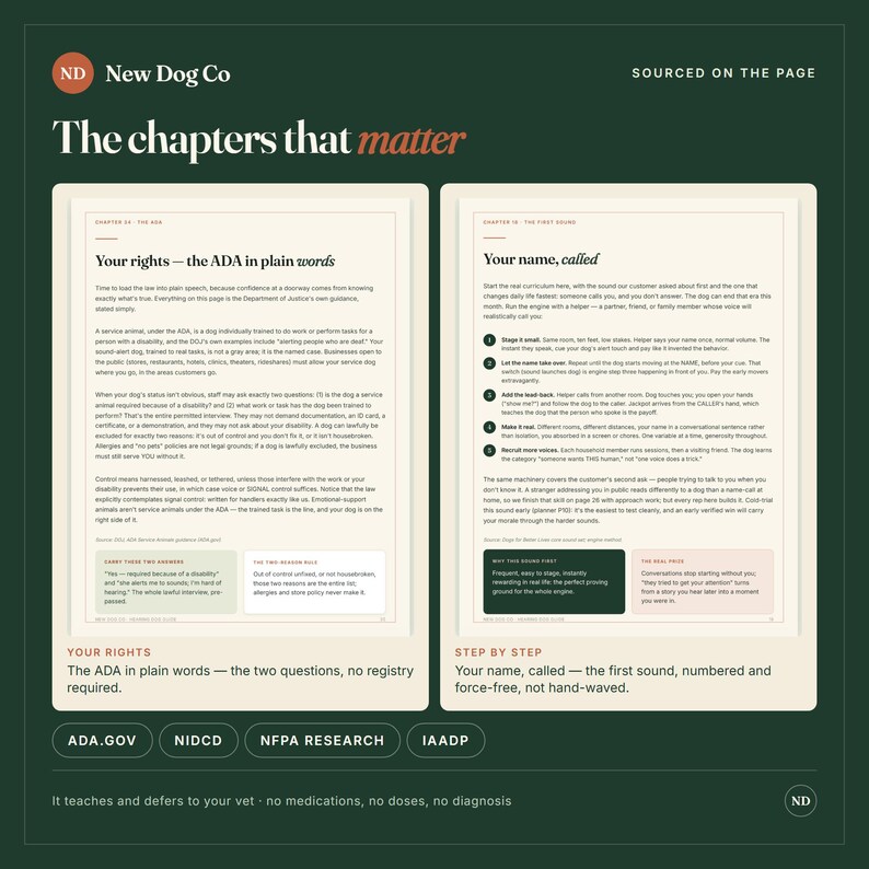 Pode incluir: Um gr&aacute;fico informativo verde-escuro intitulado New Dog Co The chapters that matter, exibindo duas p&aacute;ginas de livro. A p&aacute;gina esquerda cobre direitos ADA, e a direita detalha passos de treino. Bot&otilde;es: ADA.GOV, NIDCD, NFPA RESEARCH e IAADP.