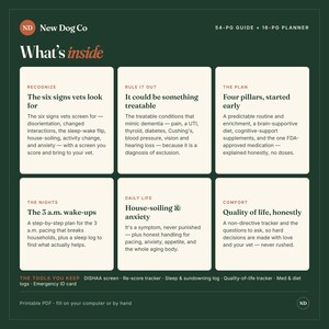 Pu&ograve; includere: Una guida e un pianificatore verde scuro di New Dog Co. intitolati What's inside, che presentano sei sezioni sulla salute canina: Recognize, Rule it out, The plan, The nights, Daily life e Comfort, oltre a un elenco di strumenti inclusi.
