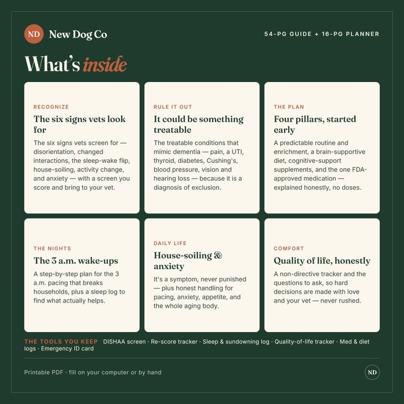 Pu&ograve; includere: Una guida e un pianificatore verde scuro di New Dog Co. intitolati What's inside, che presentano sei sezioni sulla salute canina: Recognize, Rule it out, The plan, The nights, Daily life e Comfort, oltre a un elenco di strumenti inclusi.