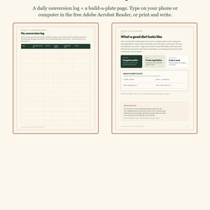 May include: A digital or printable conversion log and build-a-plate page for bird nutrition. The document features a table titled My conversion log and a guide titled What a good diet looks like, with sections for pellets, vegetables, and fruit and seed.