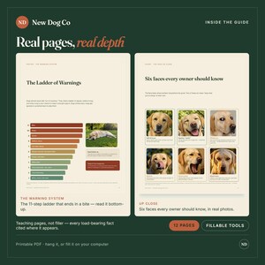May include: A digital guide from New Dog Co titled Real pages, real depth. It features two pages: The Ladder of Warnings with an 11-step chart and a photo of a dog, and Six faces every owner should know with six photos of a Labrador retriever.