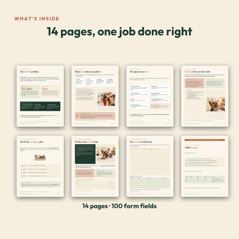 May include: A 14-page digital guide featuring text and images about dog dental health. The layout includes sections titled The dental problem, What dental disease actually is, The signs owners see, Brushing is the one that works, and a 15-day plan.