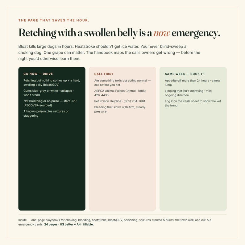 Pu&ograve; includere: Un documento informativo intitolato The Page That Saves The Hour, che presenta una guida per le emergenze degli animali domestici. Include tre colonne a colori: Go Now-Drive, Call First e Same Week-Book It, elencando sintomi e azioni.