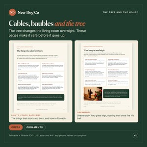 May include: A digital guide titled Cables, baubles and the tree by New Dog Co. The document features two pages with text and a photo of a dog near a Christmas tree, providing safety advice regarding cords, batteries, and ornaments.