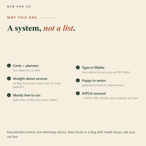 May include: A beige informational graphic titled New Dog Co with the text Why this one, A system, not a list. It features six bullet points with checkmarks detailing features like cards, planners, fillable PDF fields, and ASPCA-sourced content.