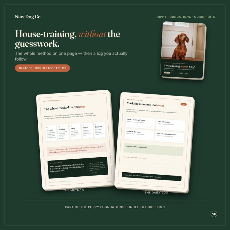 May include: A digital puppy house-training guide featuring a dark green background with white text. The guide includes a cover page with a dachshund, and two interior pages titled The Method and The Daily Log, detailing 18 pages and 339 fields.