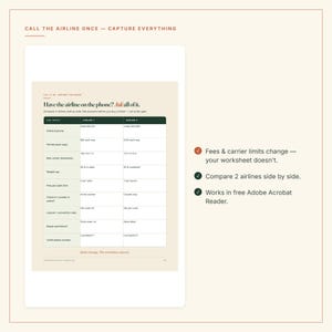 以下が含まれることがあります： Call the airline once &mdash; capture everythingというタイトルの印刷可能なワークシートで、2つの航空会社を比較する表が掲載されています。ペット料金、インチ単位のキャリー寸法、ポンド単位の重量制限、その他の航空会社ポリシーの記入欄が含まれています。
