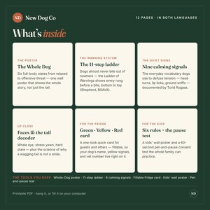 May include: A dark green informational graphic titled New Dog Co What's inside, featuring six white rectangular boxes detailing dog behavior resources. Content includes The Whole Dog poster, 11-step ladder, nine calming signals, face and tail decoder, fridge cards, and kids' rules. The bottom lists tools included in the 12-page printable PDF.