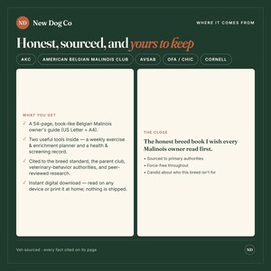 Op de afbeelding: Een donkergroene informatieve afbeelding met de titel New Dog Co: Honest, sourced, and yours to keep. Het beschrijft een 54-pagina tellende gids voor eigenaren van een Belgische Mechelse herder, inclusief een weekplanner, gezondheidslogboek en digitale download.