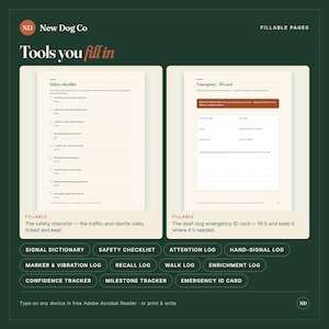 May include: Two fillable pages from New Dog Co featuring a safety checklist and an emergency ID card. The checklist includes items like leash use and microchip status. The ID card has fields for contact info and medical notes for a deaf dog.