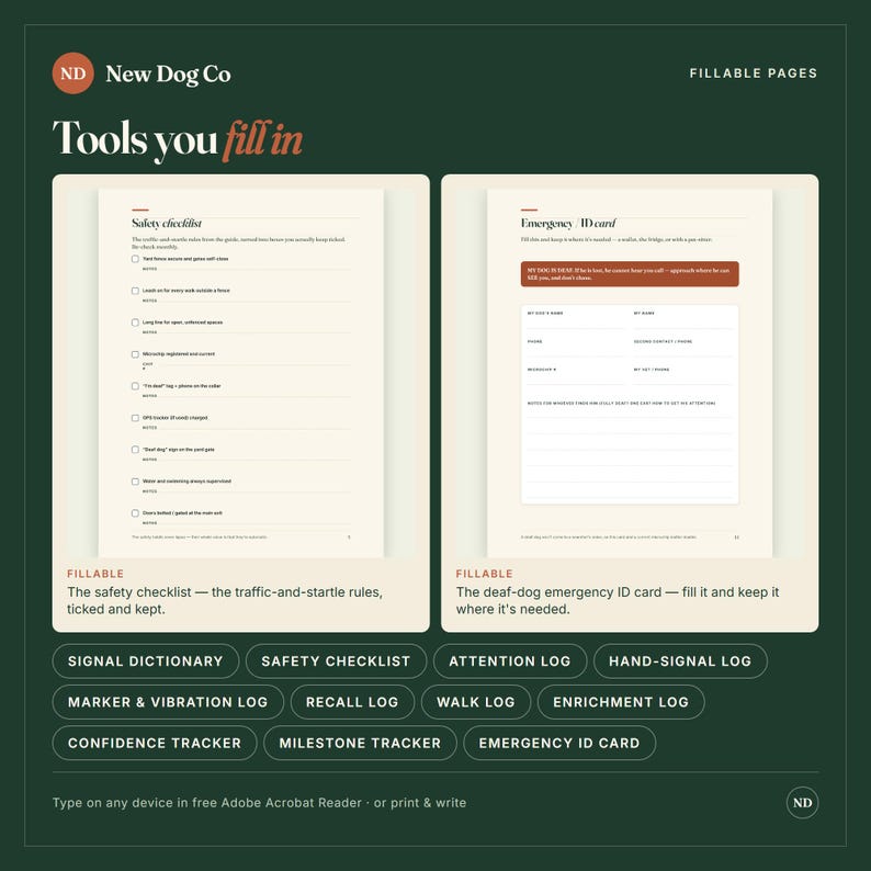 May include: Two fillable pages from New Dog Co featuring a safety checklist and an emergency ID card. The checklist includes items like leash use and microchip status. The ID card has fields for contact info and medical notes for a deaf dog.