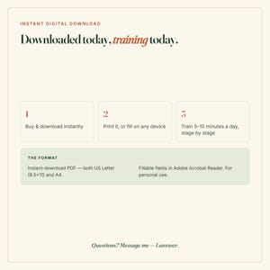 Puede incluir: Un gr&aacute;fico informativo para una descarga digital instant&aacute;nea titulado Downloaded today, training today. Describe un proceso de tres pasos: comprar y descargar, imprimir o completar en cualquier dispositivo, y entrenar 5-10 minutos al d&iacute;a.